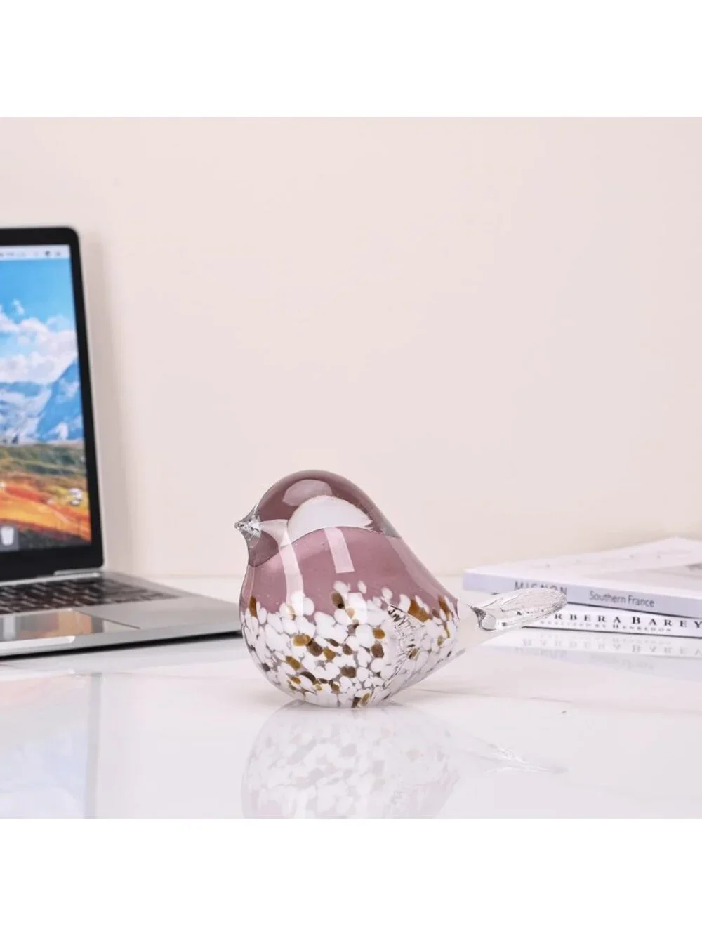 Hand Blown Pink Glass Bird Statue - Decorative Home Decor, Office Art Sculpture